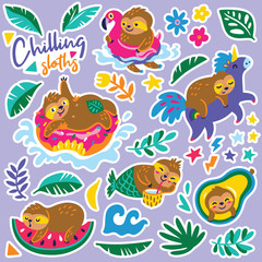 Set of stickers, pins, patches with sloths characters relax in summer holidays. Vector illustration