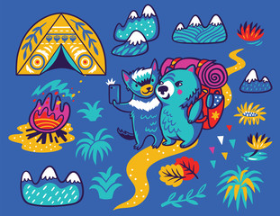 Fototapeta na wymiar Summer print with cute Tasmanian devil and the wombat tourist in cartoon style. Vector illustration