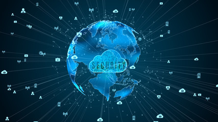 Secure Data Network Digital Cloud Computing Cyber Security Concept. Earth Element Furnished by Nasa
