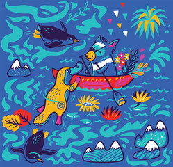 Naklejka na ściany i meble The Tasmanian devil kayaking with the platypus. Vector cartoon print