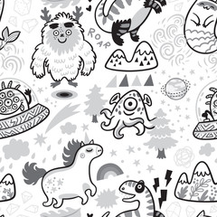 Ink seamless pattern with magical animals in cartoon comics style. Vector illustration