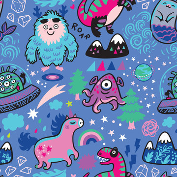 Rainbow seamless pattern with magic creatures in cartoon style.