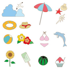 夏のアイテムのアイコンセットのイラスト　カラー（線画あり）バージョン