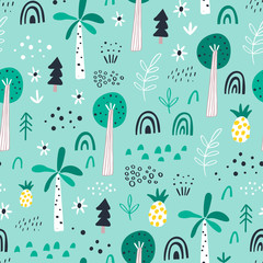 Oerwoud. Tropisch bos naadloos patroon in kinderachtige stijl. Perfect voor kinderstof, textiel, kinderkamerbehang.