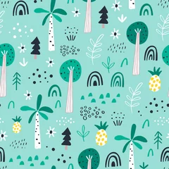 Fotobehang Jungle  kinderkamer Oerwoud. Tropisch bos naadloos patroon in kinderachtige stijl. Perfect voor kinderstof, textiel, kinderkamerbehang.