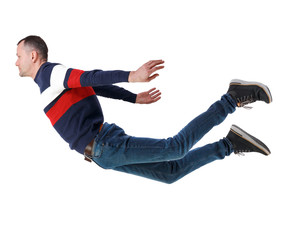 Side view of man in zero gravity or a fall.