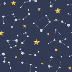 Fototapeta na wymiar Magic seamless pattern with gold and silver glittering constellations. Star background and zodiac constellations on blue background.