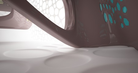 Abstract white, brown and yellow smooth parametric interior with window. 3D illustration and rendering.