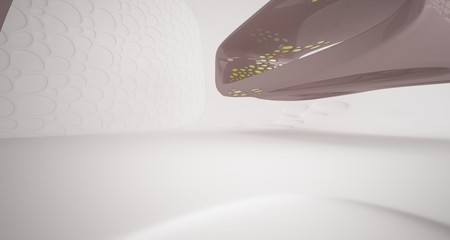 Abstract white, brown and yellow smooth parametric interior with window. 3D illustration and rendering.