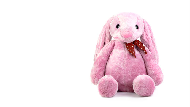 Pink Rabbit Doll With Big Ears Isolated On White Background. Cute Stuffed Animal And Fluffy Fur For Kids.