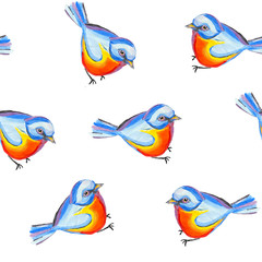 Seamless repeat ornithology pattern abstract bird titmouse with blue head and back, orange chest in white background isolated