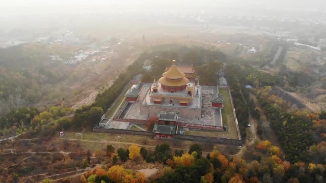 Aerial view of The Temple of Universal Happiness (Pule si), also called the round Pavillion, this structure was built in 1766. Little temple at the starting point for hammer rock hike, Chengde, China.