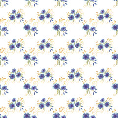 Vintage seamless pattern with field small blue flowers on white background. Flower vector. Romantic floral surface design. Spring landscape.