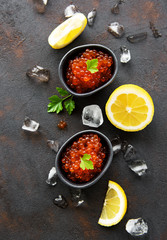 Red caviar in bowls