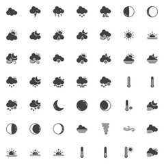 Weather vector icons set, modern solid symbol collection, filled style pictogram pack. Signs, logo illustration. Set includes icons as temperature thermometer, rain clouds, sun, thunderstorm, storm