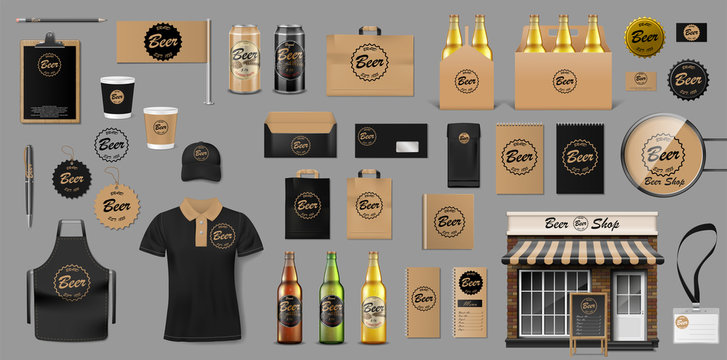 Corporate Branding identity template design for beer shop. Brewery elements for your Beer Pub or Bar. Realistic mockup for your brand. Vector illustration
