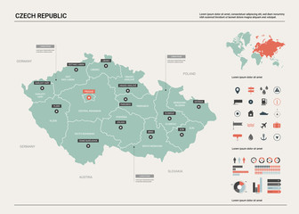 Vector map of Czech Republic. Country map with division, cities and capital Prague. Political map,  world map, infographic elements.