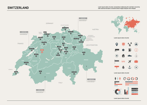 Vector map of Switzerland. Country map with division, cities and capital Bern. Political map,  world map, infographic elements.