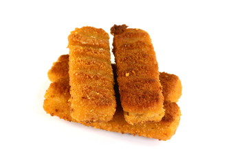 Crispy Fish fingers isolated on white background.