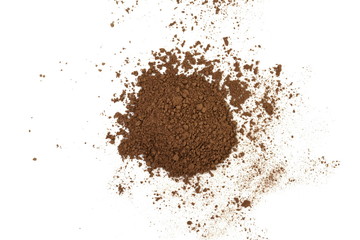 Pile cocoa powder isolated on white background.