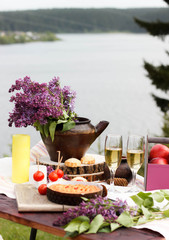 Healthy picnic for a summer vacation with freshly baked croissants, fresh fruit and fruit salad, homemade cake, flowers and white wine. Picnic on the rever.