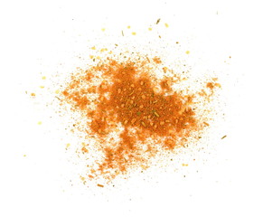 Grounded spice ingredient of dry mix vegetables isolated on white. Chicken spices. A pile of a yellow spice mix. Spices consist dried dehydrated vegetables carrot paprika onion garlic parsnip parsley 