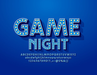 Vector retro style poster Game Night. Blue lamp Font. 3D electric light bulb Alphabet Letters, Numbers and Symbols