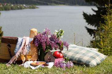 Healthy picnic for a summer vacation with freshly baked croissants, fresh fruit and fruit salad,...