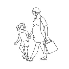 Young pregnant woman goes shopping with daughter. Walk mom child teenager in summer time vector line art black white isolated illustration.