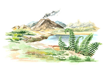 Landscape with active volcano Watercolor hand drawn illustration isolated on white background © dariaustiugova