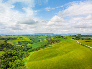 Typical landscape of the Val d'Orcia in Tuscany, Italy. Aerial v