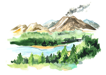 Landscape with active volcano, Watercolor hand drawn isolated illustration © dariaustiugova