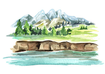 Landscape with river and mountains. Watercolor hand drawn illustration