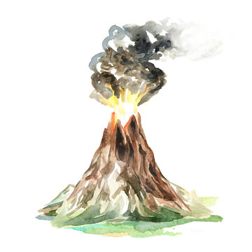 Volcano. Watercolor hand drawn illustration, isolated on white background