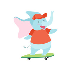 Cute Elephant Riding Skateboard, Funny Animal Cartoon Character Vector Illustration