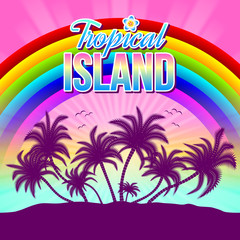 Tropical island illustration with palm trees, rainbow and sunset or sunrise in the background.