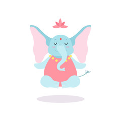 Cute Elephant Meditating in Lotus Position, Funny Animal Cartoon Character Practicing Yoga Vector Illustration