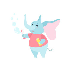 Cute Elephant Cartoon Character Blowing Soap Bubbles Vector Illustration