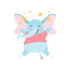 Obraz na płótnie Canvas Cute Happy Elephant Surrounded By Golden Stars, Funny Animal Cartoon Character Vector Illustration