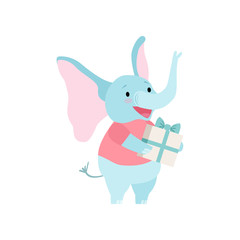 Cute Elephant Holding Gift Box, Funny Animal Cartoon Character at Birthday Party Vector Illustration