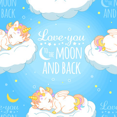 Seamless pattern with cute little sleeping baby unicorns, clouds and typography insignia. For baby and kids design templates.