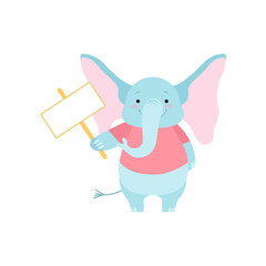 Cute Elephant Holding Blank Signboard, Funny Animal Cartoon Character Vector Illustration