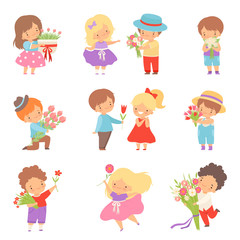 Fototapeta na wymiar Collection of Cute Little Boys Giving Flowers to Lovely Girls Cartoon Vector Illustration
