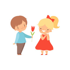 Adorable Little Boy Giving Red Tulip Flower to Lovely Blonde Girl in Red Dress Cartoon Vector Illustration