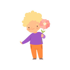 Adorable Little Boy Standing with Pink Flower Cartoon Vector Illustration