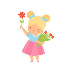 Lovely Little Blonde Girl with Bouquet of Red Flowers Cartoon Vector Illustration