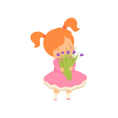 Lovely Little Girl with Bouquet of Wild Flowers Cartoon Vector Illustration