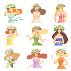 Collection of Young Women with Flower Wreaths, Portraits of Happy Elegant Beautiful Girls with Floral Wreaths Vector Illustration