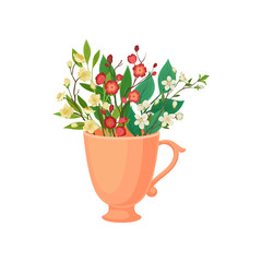 Bouquet of small flowers in a mug. Vector illustration on white background.