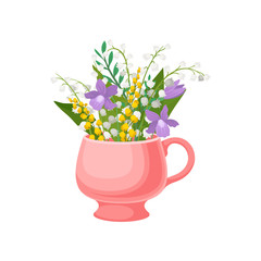 Lilies of the valley in a pink mug. Vector illustration on white background.